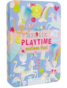 Детска игра Floss & Rock с магнитни стикери Fantasy: кутия с илюстрации на принцеса, еднорог, дъга и сладкиши. Включва магнитни елементи за забавление без край! Подходяща за деца над 3 години.