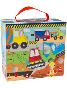 Цветна кутия с илюстрации на тема строителство и червена дръжка, идеална за дървен игрален комплект. Представлява името на продукта: Детска игра Floss & Rock с дървени фигурки Строителна площадка - Playbox.