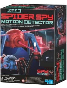 Кутия на Детска лаборатория 4М - Детектор за движение, образователна играчка и шпионска джаджа за деца 8+, със синьо-червен робот-паяк и червен светлинен лъч. Внимание: съдържа малки части.