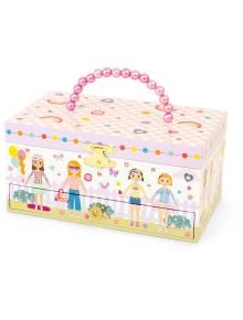 Розова правоъгълна музикална кутия за бижута Floss & Rock Best Friends с илюстрации на момичета, цветя и дъги. Има златиста закопчалка, розова дръжка с мъниста и е чудесен подарък за деца.