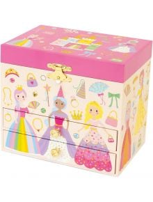 Очарователната детска музикална кутия Floss & Rock Best Princess с две чекмеджета е украсена с принцеси, корони и замъци на розов и кремав фон със златни акценти.