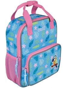 Детска раничка Mini-Me - PaulaPapagei е синьо-розова термоизолирана чанта с мотиви на листа и цветя, две отделения с цип, страничен мрежест джоб, розови дръжки, ергономични презрамки и цветна лепенка с папагал. Идеална за детска градина!.