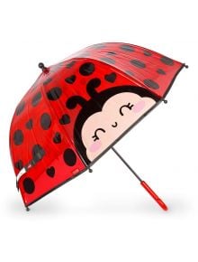 Детски чадър Legami - Божа кравичка е червен чадър с черни петна, форми на сърце, усмихнато лице на божа кравичка с антени, червена дръжка и частична прозрачност за допълнителен чар.