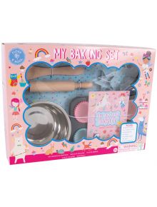 Детски комплект Floss & Rock за печене Rainbow Fairy включва точилка, купа, формички и хартиени кошнички в розовата кутия с еднорози, лами, дъги и звезди - идеален подарък за деца.