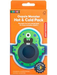 Оранжевата кутия съдържа зелена опаковка гел с формата на анимационно чудовище. Опаковката с надпис "Детски компрес Kikkerland, топло и студено" подчертава дизайна за многократна употреба, а отстрани е изобразена марката Kikkerland Design.