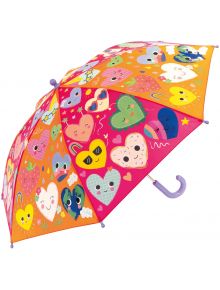 Детски магически чадър Floss & Rock Colour Changing Hearts е цветен чадър със сърцевидни герои, плодове, облаци и дъги на оранжев и розов фон, който променя цвета си, когато е мокър.