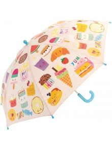 Детски магически чадър Floss & Rock Colour Changing Sweet Treat с синя дръжка и шарени сладкиши-капкейкове, понички, сладолед, пуканки и бонбони с усмивки. Цветовете се променят при дъжд - магия за всяко дете!.