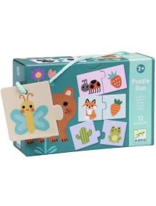 Жива кутия Djeco с етикет Детски пъзел Djeco Duo: Цветовете, 12 х 2 части за възраст 2+, включва пъзели с животни и предмети като божа кравичка с ягода и включва образователен пъзел с пеперуда, висяща на връвчица.
