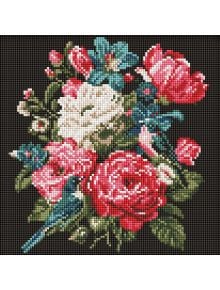 Диамантен гоблен Ideyka - Букет впечатлява с ярък цветен букет, розови, червени и бели цветя със зелени листа и синя птичка, създавайки 5D ефект на черен фон - като картини с диамантени камъчета.