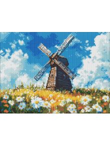 Диамантен гоблен Ideyka - Мелница на полето: 5D ефект, изобразяващ вятърна мелница сред поляна с диви цветя под синьо небе-идеален избор за фенове на диамантени мозайки и картини с диаманти.