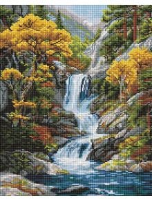 Диамантен гоблен Ideyka - Под есенния водопад: 5D ефект с планински пейзаж - есенни дървета, водопад, скали и поток под синьо небе.