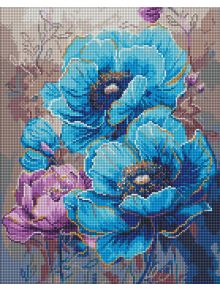 Диамантен гоблен Ideyka - Симфония от цветове: кросстич модел с две големи сини и една малка лилава цветя на неутрален фон - перфектен за фенове на диамантени мозайки и шарена бродерия.