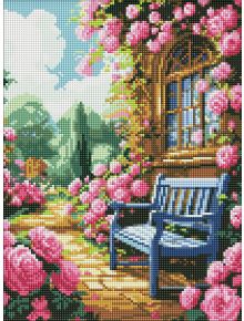Диамантен гоблен Ideyka - Цветна градина: пъстър модел със синя пейка, розови рози и къща-идеален за фенове на диамантени мозайки и впечатляващ 5D ефект в картини с диамантени камъчета.