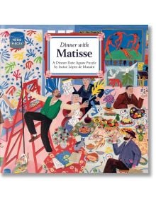 Цветна илюстрация в стила на Матис и фовизма изобразява оживена вечеря с декор, храна и изкуство. Текст: "Пъзел Thames & Hudson: Матис", 1000 части.