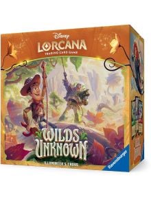 Кутията на Disney Lorcana TCG: Wilds Unknown - Illumineer's Trove е с цветни илюстрации на герои в магическа джунгла, с оранжев дизайн, декоративни рамки и дръзка марка Disney Lorcana.