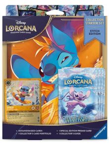 Стартовият комплект Disney Lorcana TCG: Winterspell Collection Stitch включва рисунка на Стич, промоционална карта, два бустер пакета Winterspell, ръководство за колекционера и текст, в който са описани включените карти.