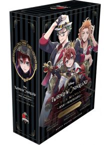 Изображението показва Disney Twisted-Wonderland: The Manga - Book of Heartslabyul Complete Box Set с илюстрирани герои в ярки костюми, бонус плакат и стилна черна кутия със златни и червени акценти.