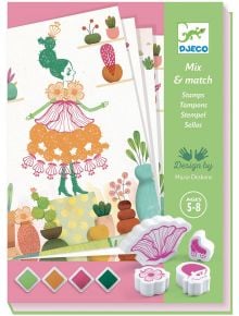 Кутия за "Рисуване с печати, момиче на цветя" на Djeco творчески комплект за деца на възраст 5-8 години. Зелената кутия съдържа цветни печати, мастилници и илюстрации-идеален за творческо забавление.