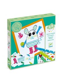 Комплект за рисуване Djeco: Забавни животни за деца 3-6 г. включва флумастери, примерни карти и кутия със забавна рисунка на животинче. Опаковката е зелена с игриви графики и текстове на различни езици.