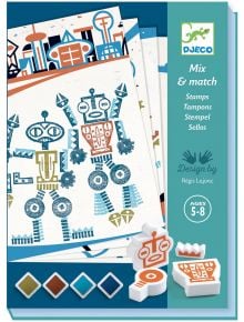 Капак на кутията за Творчески комплект Djeco - Рисуване с печати, Извънземни роботи. Представлява цветни геометрични фигури за печати, 4 блокчета с мастило, роботизирани дизайни, възраст 5-8 години. Цветова гама в синьо и тюркоазено.