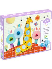 Жизнерадостен Комплект за рисуване с колажи Djeco - So Pop включва анимационен жираф със сини точки, цветя, слънце и облаци върху лилава и бяла кутия, идеален за деца на възраст 3-6 години за създаване на забавни колажи.