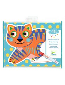 Яркото изображение показва оранжева котка със сини ивици на тюркоазен фон с жълти точки. Комплектът за оцветяване с вода Djeco - Animalo-Ma се използва за оцветяване на котката и е подходящ за деца на възраст от 18 месеца.