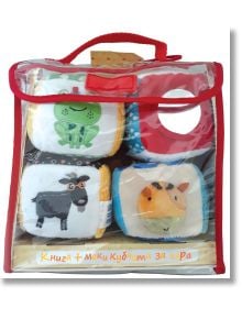 Домашни животни - книжка и кубчета: Прозрачна чанта с червена дръжка събира 4 меки кубчета с цветни илюстрации на животни. На жълтия етикет отдолу има надпис на кирилица.