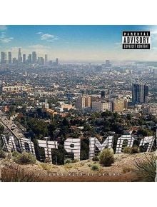 Обложката на албума на Dr. Dre - Compton (A Soundtrack by Dr. Dre) (2 VINYL) показва Лос Анджелис с надпис "COMPTON" с големи бели букви на склона на хълм, имитиращ надписа Hollywood, и силуета на града на заден план.