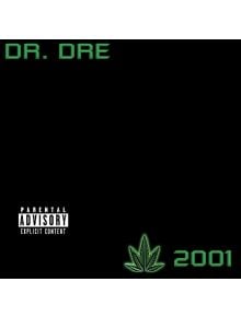 Черна обложка за Dr.Dre - 2001 (2 VINYL): "2001" в зелено горе вляво, лист канабис и "2001" долу вдясно, етикет за родителски съвет - емблематичен хип-хоп албум на винил.