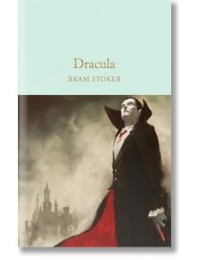 Корицата на книгата "Дракула" (Macmillan Collector's Library) изобразява блед вампир в червена пелерина, застанал пред мъглив готически замък - идеален колекционерски предмет за почитателите на класическата литература.