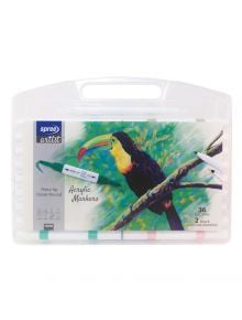 Пластмасов калъф на Spree Artist Двувърхи акрилни маркери, 36 цвята, с илюстрация на тукан. Включва 2 черни контурни маркера с Flexy Chisel/Round tip - идеални за вашата колекция от художествени материали.