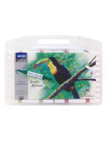 Пластмасов калъф за двувърхи акрилни маркери Spree Artist Flexy Chisel / Round tip, 60 цвята, с опаковка с цветен тукан и текст, подчертаващ 60 цвята и 2 черни контурни маркера.