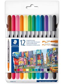 Кутия с 12 двувърхи флумастери Staedtler 3200 в основни цветове, с илюстрирана опаковка, показваща както тънкия, така и дебелия връх.