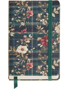 Джобен бележник Miquelrius Highland Days Poppies със 100 листа на широки редове, твърди корици с шарка зелено-синьо каре и цветя, FSC сертифицирана хартия, зелен ластик и отметка.