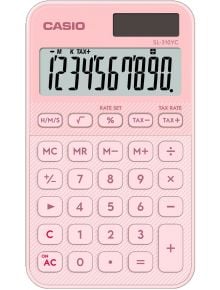Джобен калкулатор Casio SL-310YC-LP, розов, с големи черни цифри, стандартни бутони и специални клавиши за данъци и памет-модерен дизайн и стилен аксесоар за всяко работно място.