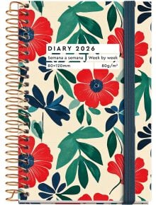 Джобен седмичен тефтер-органайзер Miquelrius Natura Anémona 2026: флорален спирален дизайн с червени, зелени и сини листа и цветя, ластик за затваряне и двуезичен текст (английски-испански): Седмица по седмица/Semana a semana.