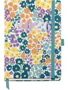 Джобен седмичен тефтер-органайзер Miquelrius Natura Impressionist 2026 с флорална корица в жълто, оранжево, синьо и лилаво, с еластик и разделител - стилен избор за цялата 2026 година.
