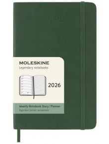 Джобен зелен седмичен тефтер-органайзер Moleskine Myrtle Green 2026 г. С меки корици и ластик, с етикет MOLESKINE Legendary notebooks 2026 Weekly Notebook Diary/Planner.