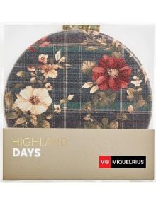 Кръгло джобно огледалце с кариран фон и големи червени и бежови цветя във флорален дизайн, с етикет "Miquelrius Highland Days Poppies" и логото на Miquelrius в долния десен ъгъл.