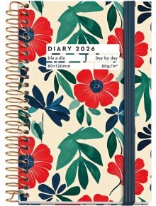 Джобен тефтер - органайзер Miquelrius Natura Anémona 2026, ден на страница e компактен спирален бележник с флорална корица, син ластик и двуезичен текст (испански-английски) - идеален за ежедневни записки.