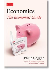 На розовата касичка е написана книгата "Икономика: "Наръчник на икономиста", в която се разглеждат ключови икономически понятия, с корица, съвпадаща с тази, която държи в копитата си.