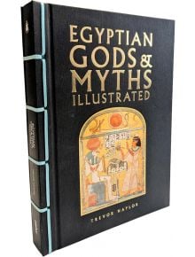 Илюстрованата книга "Египетски богове и митове" с твърди корици включва релефен златен текст и древноегипетски рисунки на две седящи фигури, които вдъхват живот на завладяващия свят на египетските богове и митове.