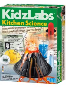 В кутията на Детска лаборатория 4М - Експерименти в кухнята е изобразен вулкан-играчка с оранжева пяна, научни инструменти и експерименти. Тя предлага 6 експерименти в кухнята за деца на възраст 8+ години, като прави ученето забавно.