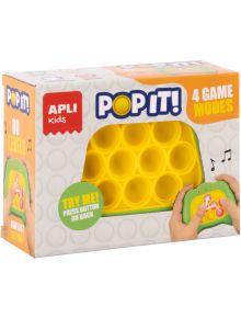 Кутията на Електронна игра Pop It Apli Kids - жълта показва жълт панел с балончета, рекламира 4 режима на игра, 80 нива и надпис "Try Me! Натиснете бутона на гърба", с изображения на ръце, държащи електронната игра.