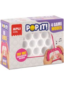 Кутията на Електронна игра Pop It Apli Kids - бяла показва интерактивната игра с бутони, ръце, 4 режима и 80 нива-идеален подарък за деца, с музикални ноти и инструкции върху опаковката.