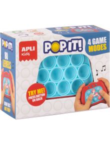 Електронна игра Pop It Apli Kids - синя с цветна опаковка показва син поп-ит борд и ръце, които натискат бутоните. Изтъкнати са 4 режима, 80 нива и Try Me!-идеален подарък за деца. Кутията е украсена с музикални ноти.