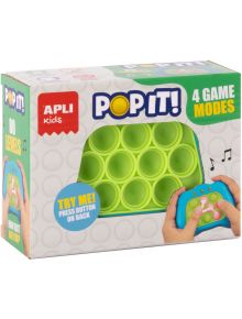 Електронна игра Pop It Apli Kids - зелена: правоъгълна зелена конзола с 4 игрови режима и 80 нива в цветен текст. Две ръце държат контролера-идеален подарък за деца.