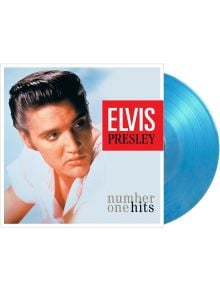 Обложката на албума Elvis Presley - Number One Hits (VINYL) показва Елвис Пресли, гледащ настрани, удебелен червено-бял текст ELVIS PRESLEY, №1 хитове Елвис в черно и сиво и полупрозрачен син винил, който се вижда частично.