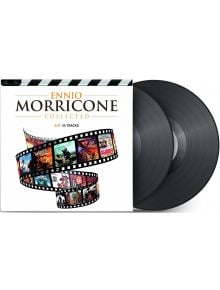 Обложка на албума Ennio Morricone - Collected (2 VINYL), включваща две плочи, филмова лента с филмови плакати, представящи музиката му към филми, и текст с надпис "2LP 34 Tracks".
