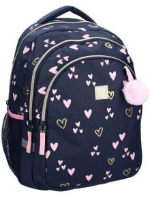 Vadobag Milky Kiss тъмносиня раница, украсена с розови и златни модели на сърца, с розови ципове, розов ключодържател с помпон, лепенка LOVE и мрежест страничен джоб - перфектната ергономична ученическа раница.